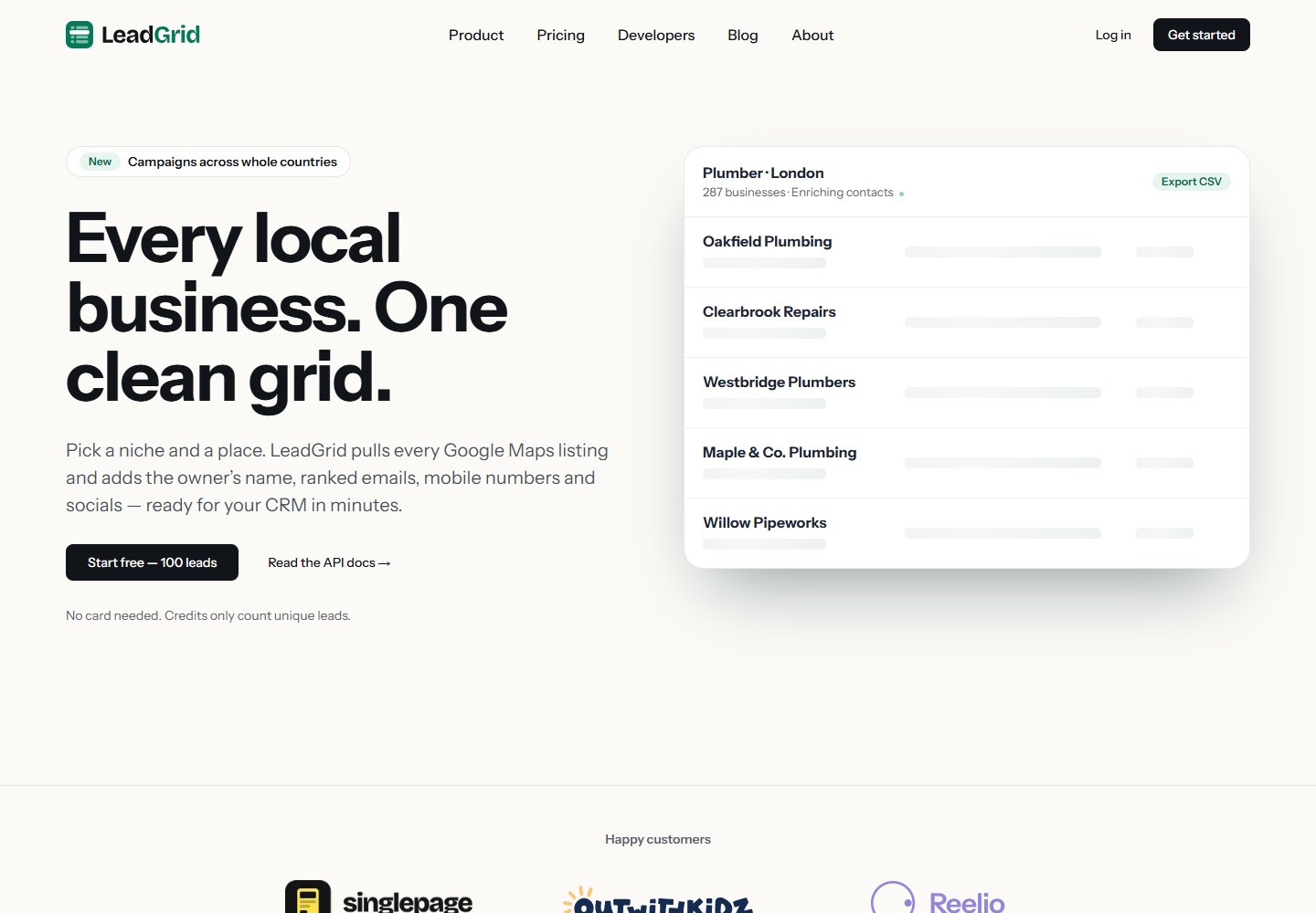The public Leadgrid website showing its business discovery and contact enrichment product.