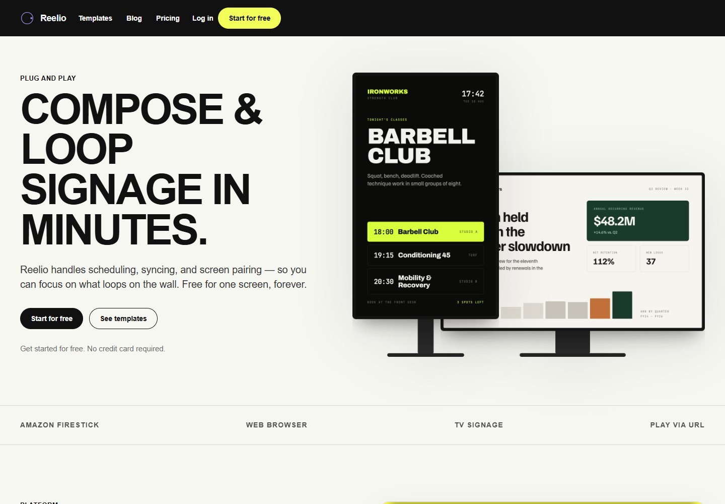 The public Reelio website introducing its digital signage composition, scheduling and broadcasting platform.